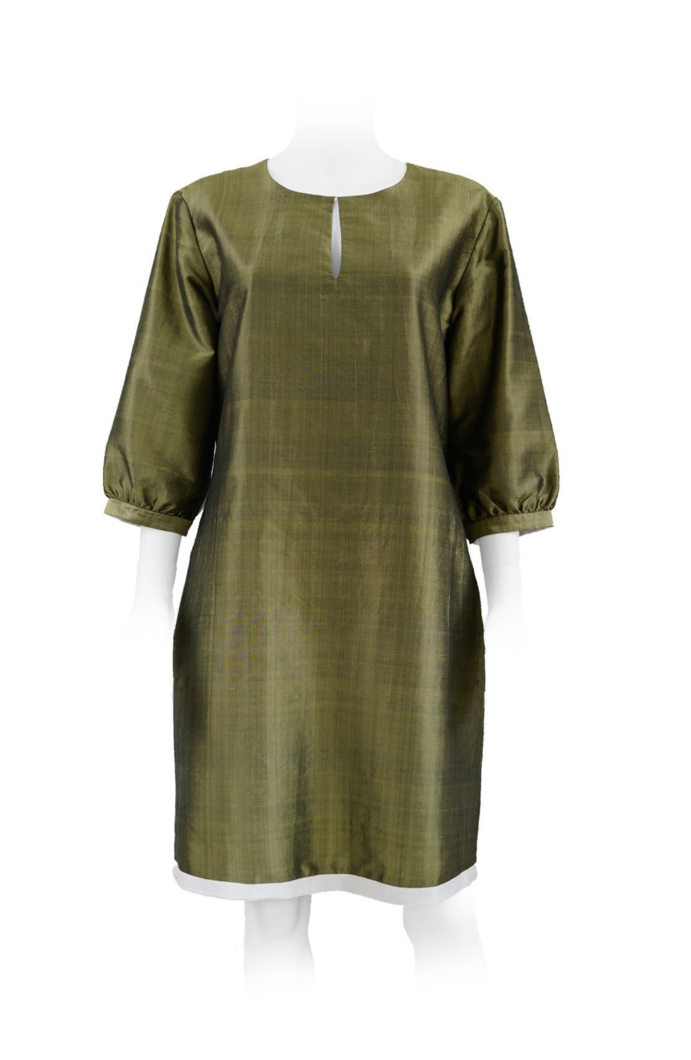 khaki and white pure silk dress, lined with white silk, handmade in Cambodia