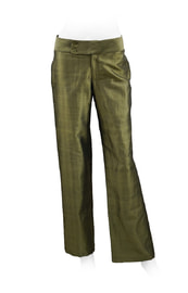 bronze trousers in natural silk, straight legs, wide belt, shiny finish