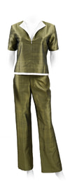 bronze trousers in natural silk, straight legs, wide belt, shiny finish, khaki top in natural silk with short sleeves