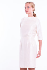 pure raw silk dress in natural ivory, mid-length, vintage inspiration, broad neckline, pencil skirt, fully lined in cotton