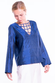 blue raw silk blouse, V neckline with intertwined silk ribbons