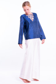 blue raw silk blouse, V neckline with intertwined silk ribbons, handmade in Cambodia