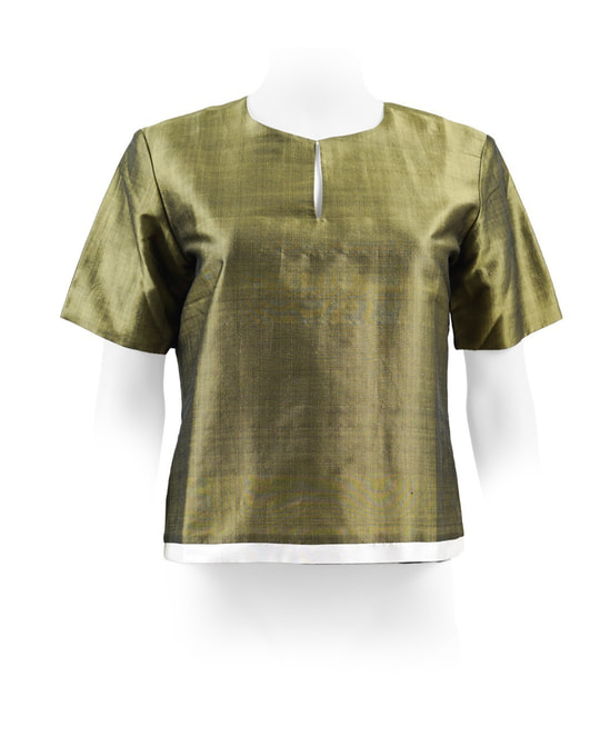 natural silk bronze and white top, fully lined, short sleeves
