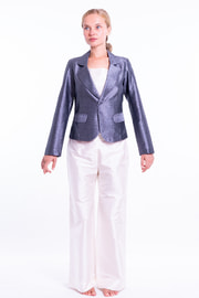 taffeta silk Spencer jacket in grey, flap pockets, open double collar, partly lined in pure cotton, white natural silk trousers