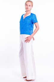 natural silk top in blue and white, short sleeves, handmade in Cambodia