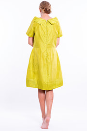 yellow, green short sleeves dress in natural silk, raised boat neckline, back