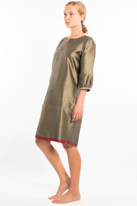 khaki and dark red dress in raw silk, mid length, handwoven traditionally