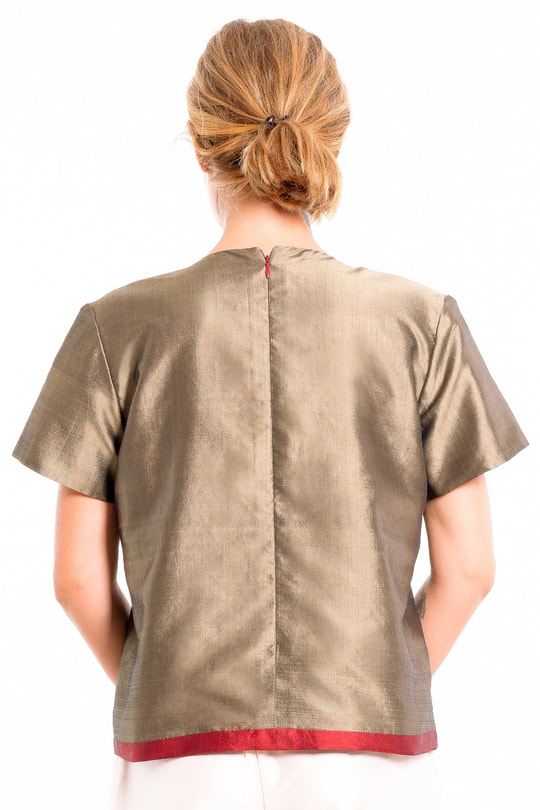 natural silk top bronze and cherry, lined with silk, short sleeves, fair-trade certified, back