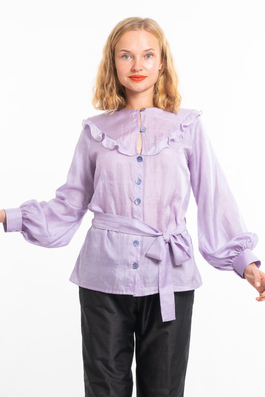 purple silk blouse, round neckline, airy flounces, handmade saddle stitching, puffed sleeves, belt tied on the side, front