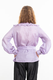 purple silk blouse, round neckline, airy flounces, handmade saddle stitching, puffed sleeves, belt tied on the side, back