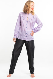 purple silk blouse, round neckline, airy flounces, handmade saddle stitching, puffed sleeves, belt tied on the side, handmade
