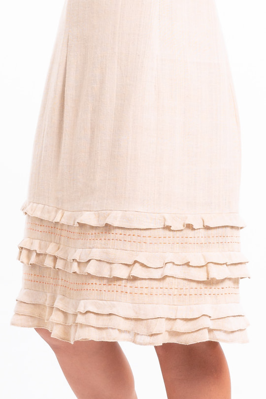 dress in lotus fiber, mid length, natural beige, lined in pure cotton, ruffles, orange hand stitched