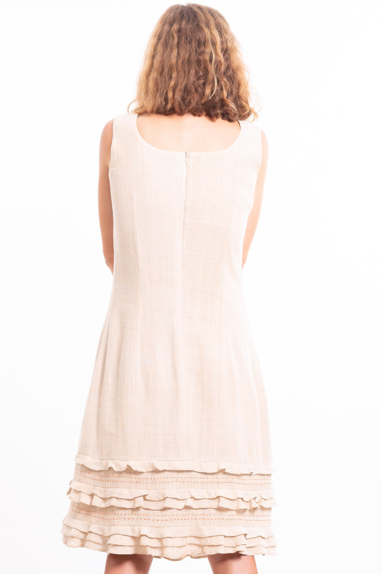 dress in lotus fiber, mid length, natural beige, lined in pure cotton, ruffles, orange hand stitched, handmade in Cambodia