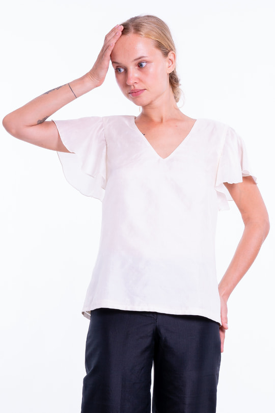 white natural silk top with short sleeves, V neckline, fully lined