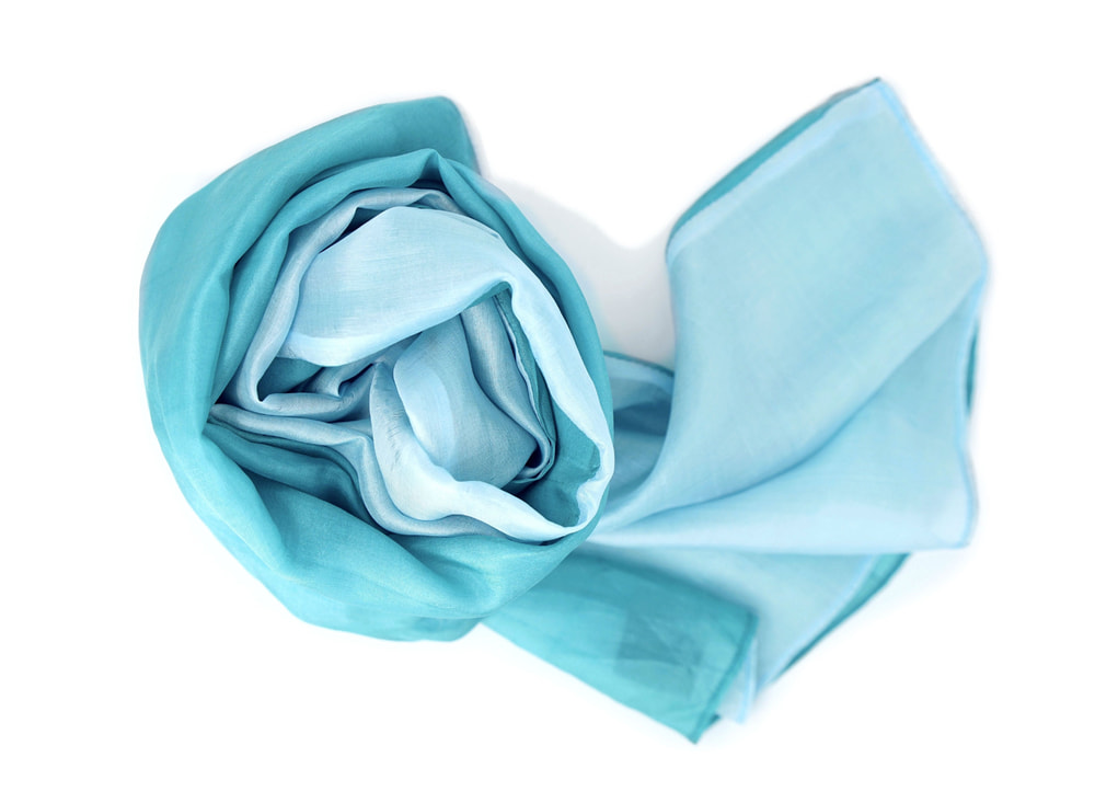 turquoise and sky blue natural silk scarf, handmade in Cambodia