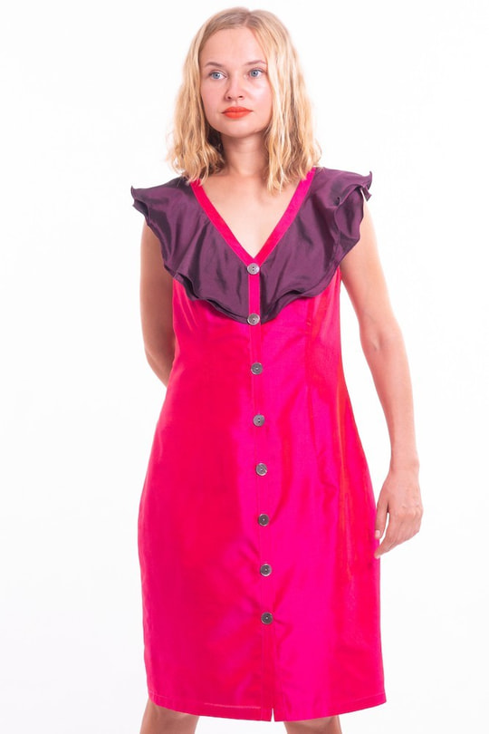pink and purple dress in natural silk buttoned on the front, fair-trade certified, front