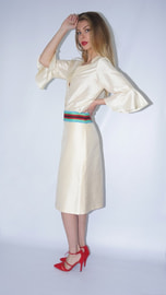 beige taffeta silk mid-length skirt with multicolored belt, ethically made