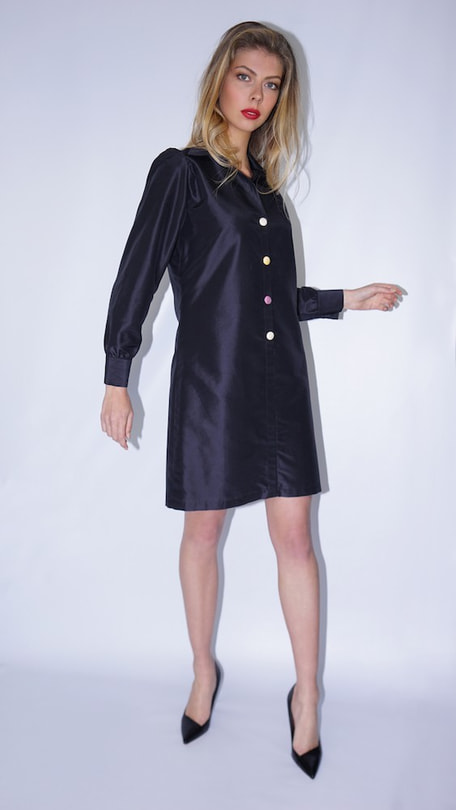 black taffeta silk dress with multicolored buttons, long sleeves