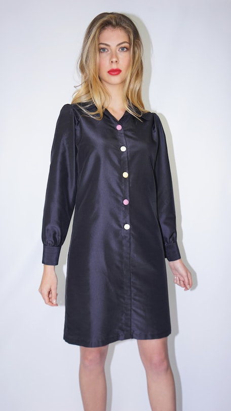 black taffeta silk shirt dress with multicolored buttons, long sleeves, front