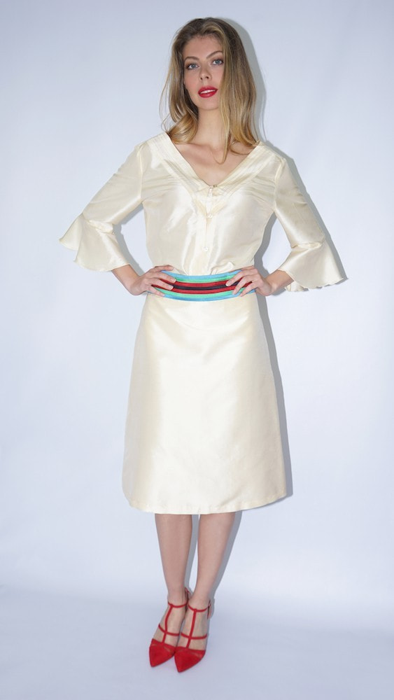 taffeta natural silk blouse with pagoda shaped sleeves, front
