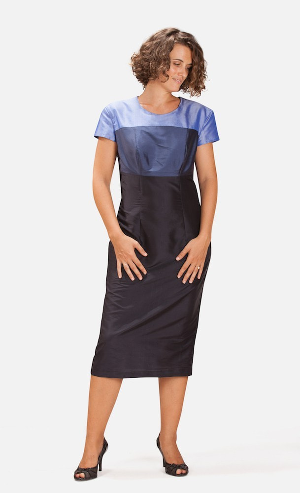 blue color block mid length natural silk dress, short sleeves