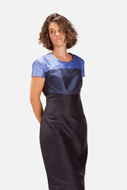 blue color block mid length natural silk dress, short sleeves, handmade