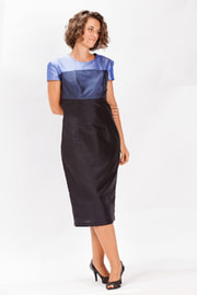 blue color block mid length natural silk dress, short sleeves, front