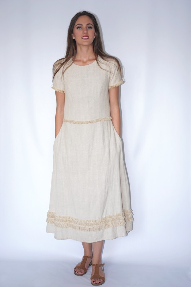 long lotus fiber and cotton dress in natural beige with fringes, front