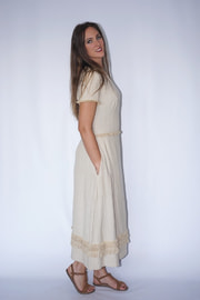 long lotus fiber and cotton dress in natural beige with fringes