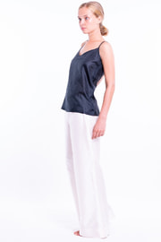 black natural silk caraco handmade with off white silk trousers