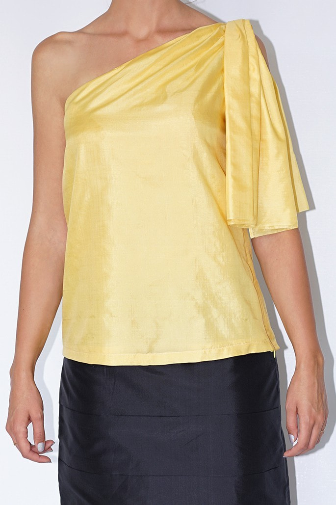 yellow asymmetric natural silk top